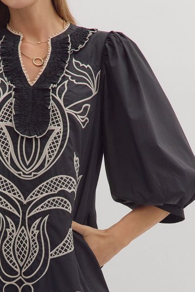 Black Mini Dress with Embroidered Design with Scallop Hem