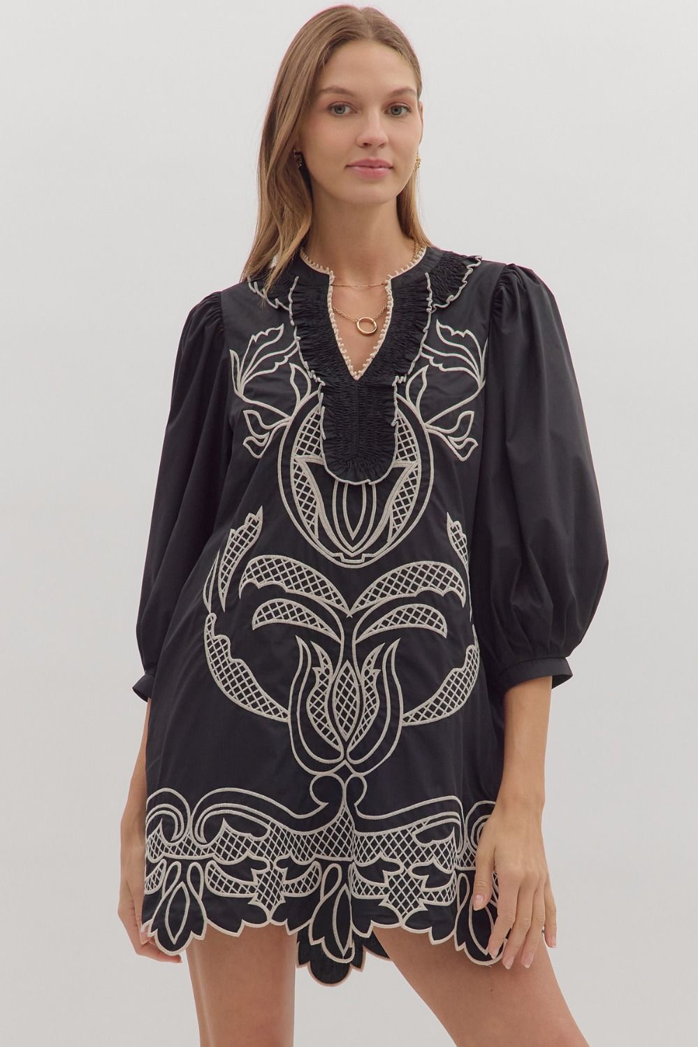 Black Mini Dress with Embroidered Design with Scallop Hem