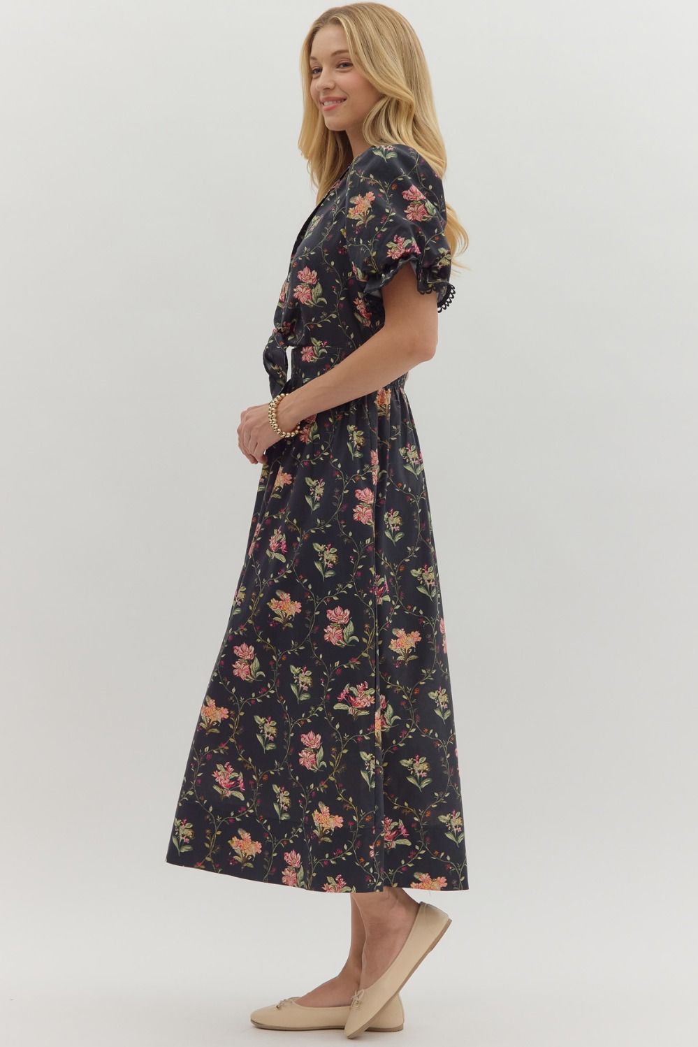 Black Botanical Print Midi Dress with Partial button Front