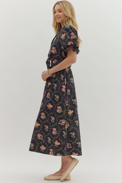 Black Botanical Print Midi Dress with Partial button Front
