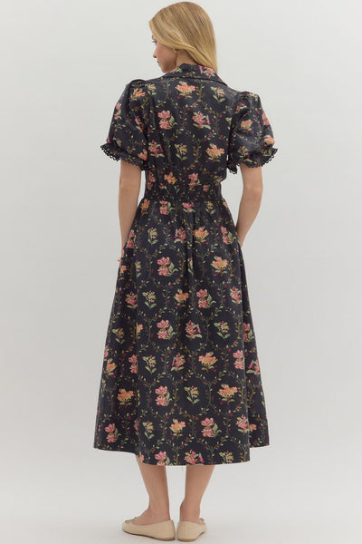 Black Botanical Print Midi Dress with Partial button Front