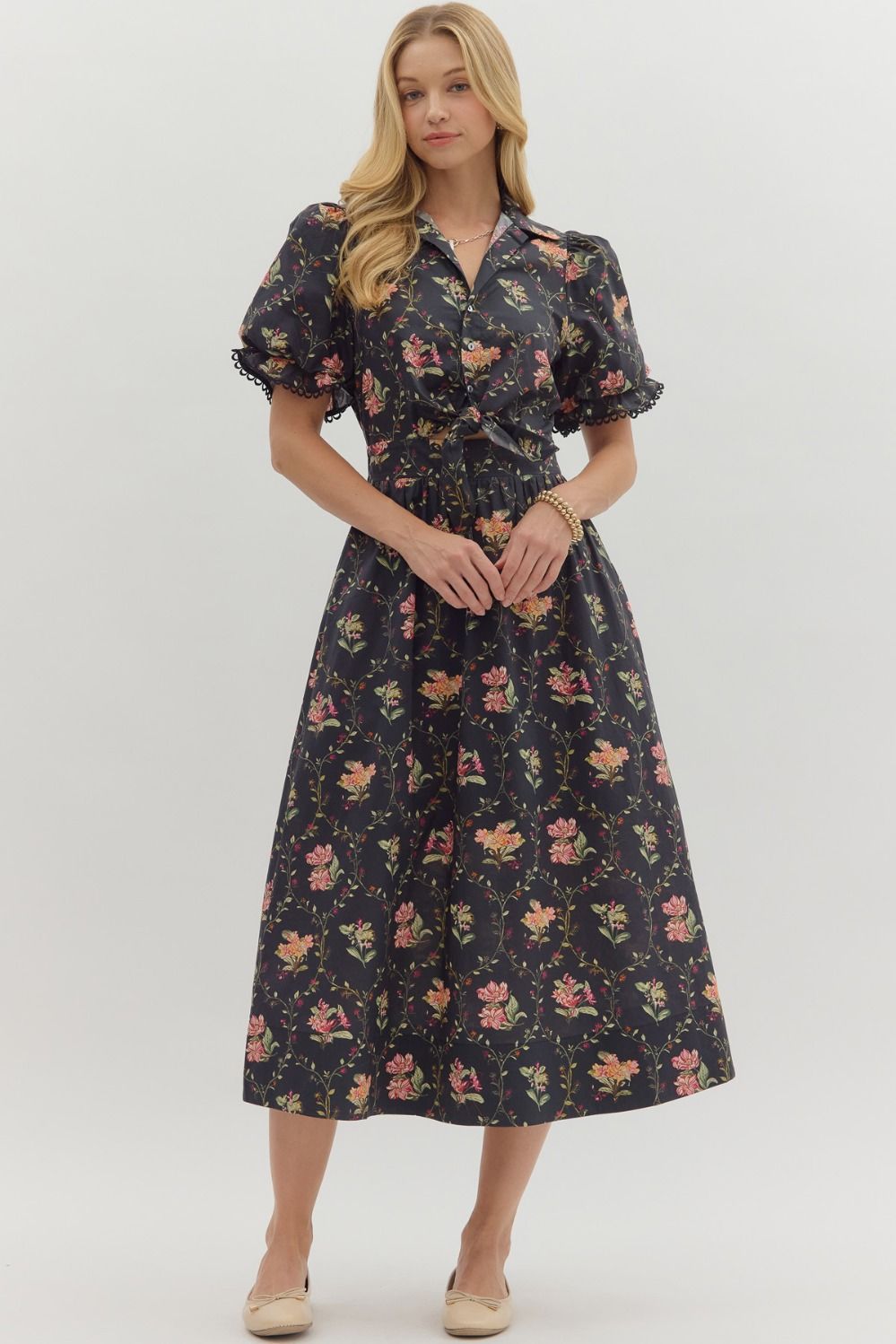 Black Botanical Print Midi Dress with Partial button Front