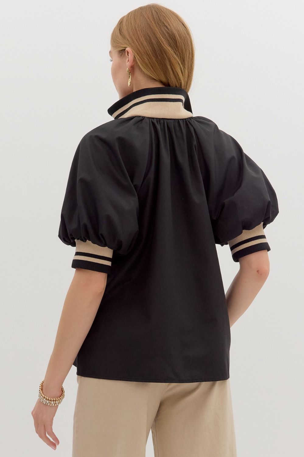 Black Zip-Front Top with Multi color Accent Band at Neck and Sleeve