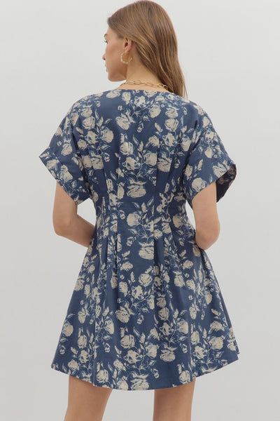 Blue Floral Print Dress with Pleated Waist