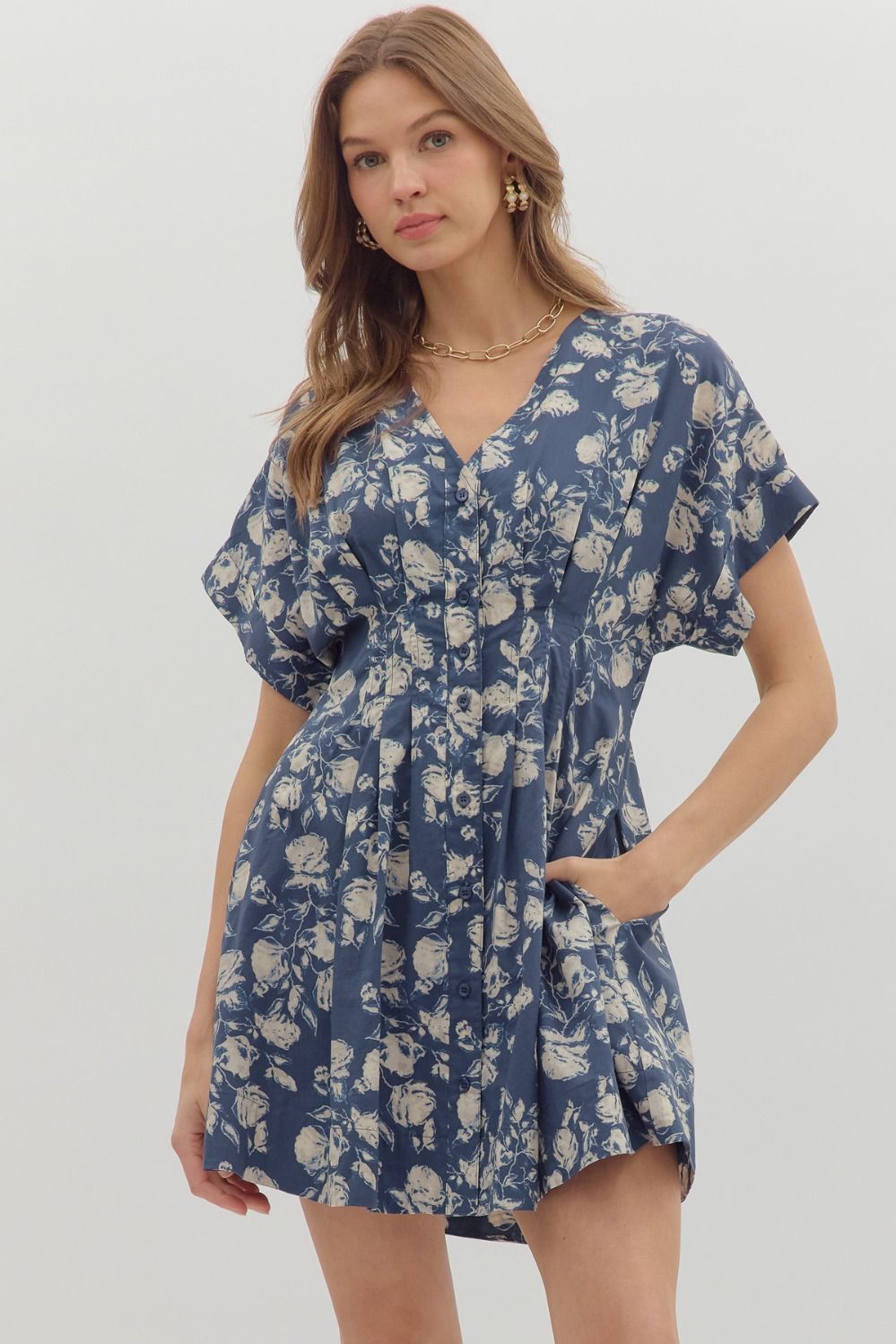Blue Floral Print Dress with Pleated Waist