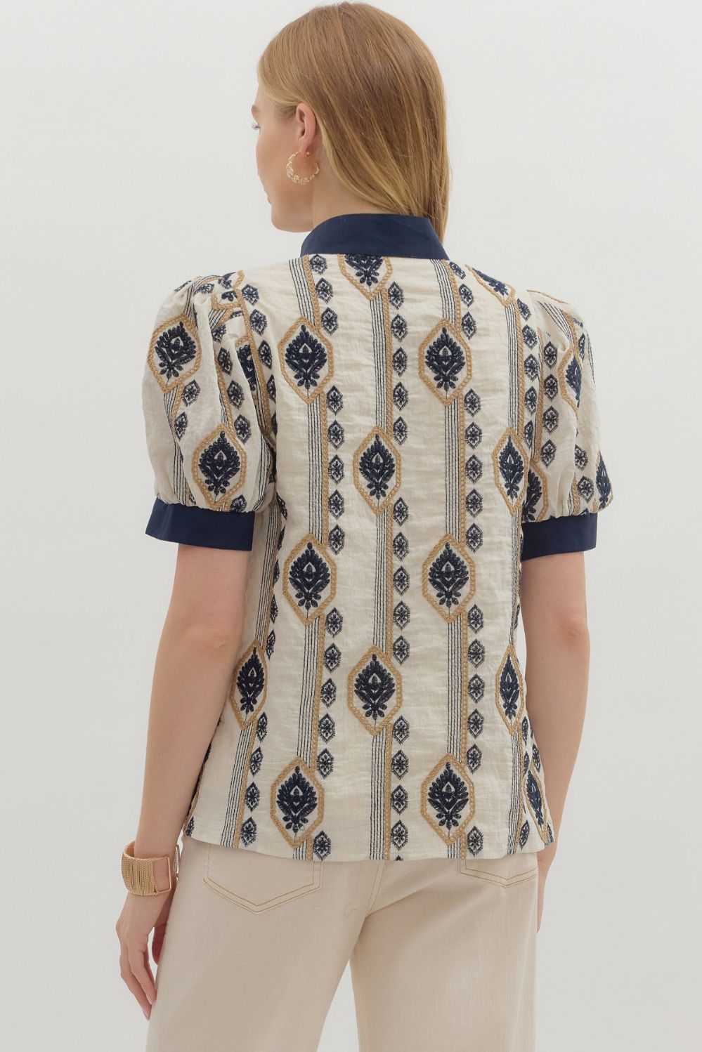 Blue Abstract Pattern Embroidered Top with Puff Sleeve