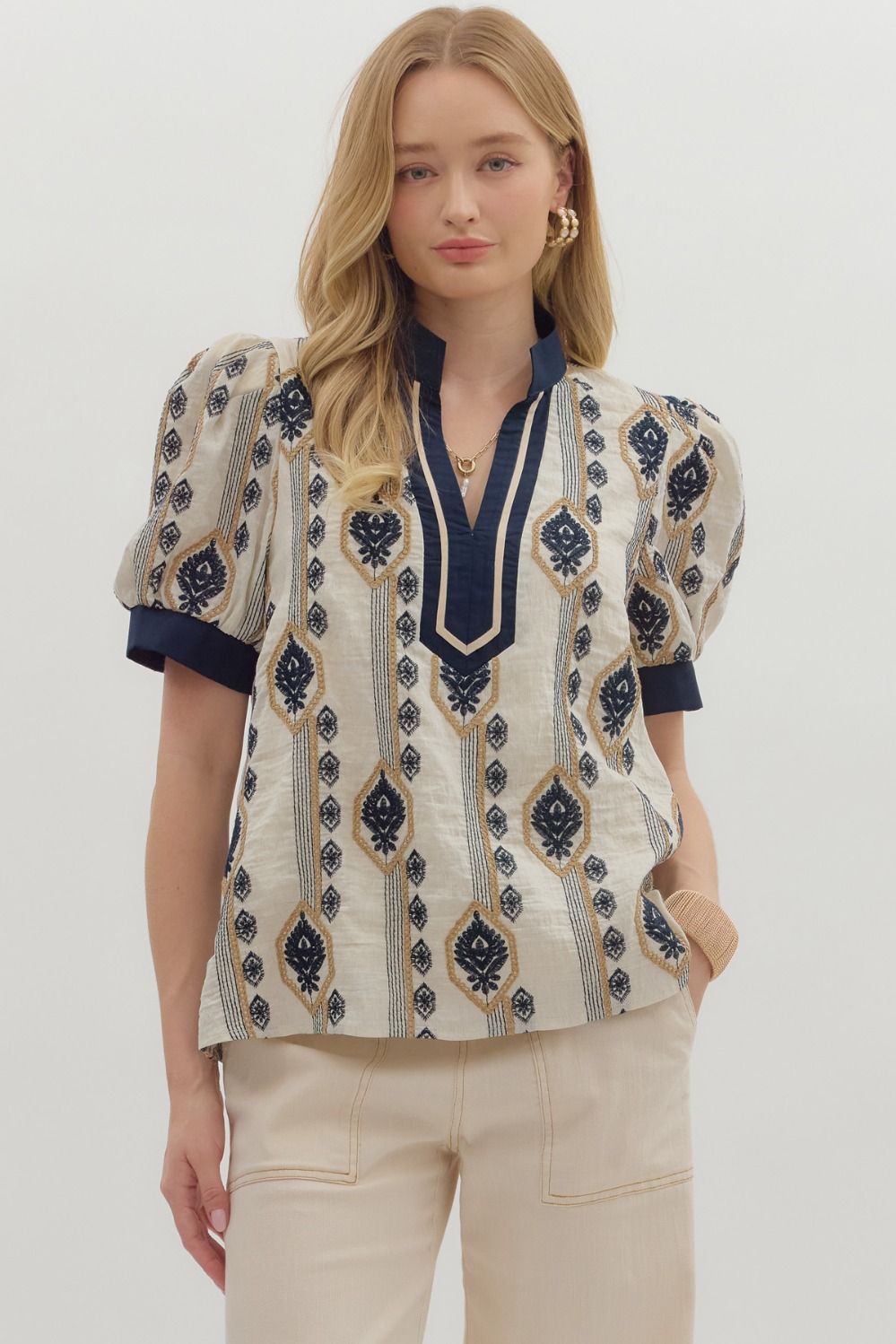 Blue Abstract Pattern Embroidered Top with Puff Sleeve