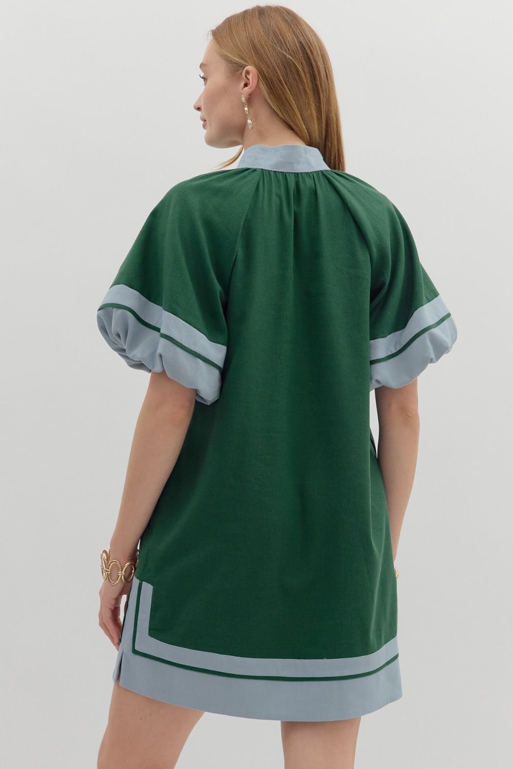 Hunter Green Dress with Blue accent and Lantern Sleeves