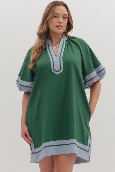 Hunter Green Dress with Blue accent and Lantern Sleeves