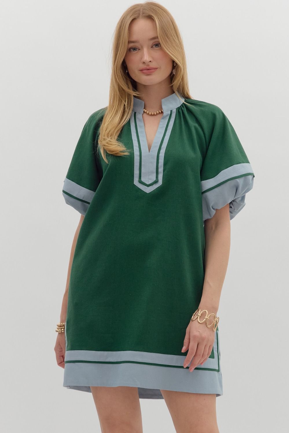 Hunter Green Dress with Blue accent and Lantern Sleeves