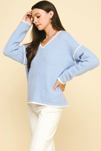 Baby Blue V-Neck Pullover Sweater with White Contrast