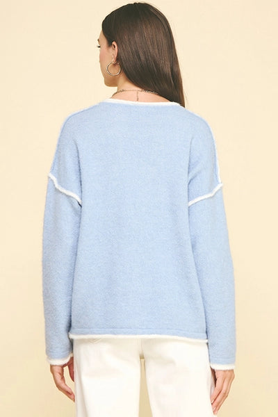 Baby Blue V-Neck Pullover Sweater with White Contrast