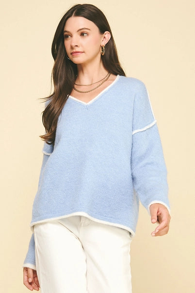 Baby Blue V-Neck Pullover Sweater with White Contrast