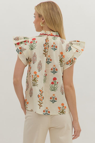 Botanical print short flutter sleeve top featuring pintuck bodice