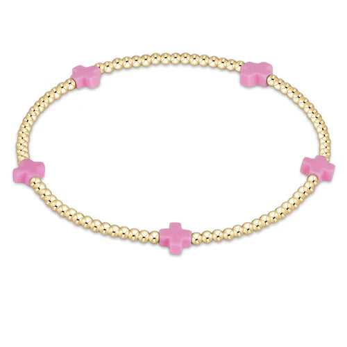 Signature Cross Small Gold Pattern 2mm Bead Bracelet Bright Pink