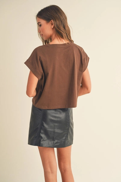 Brown Round Neck Cuffed Sleeve Top