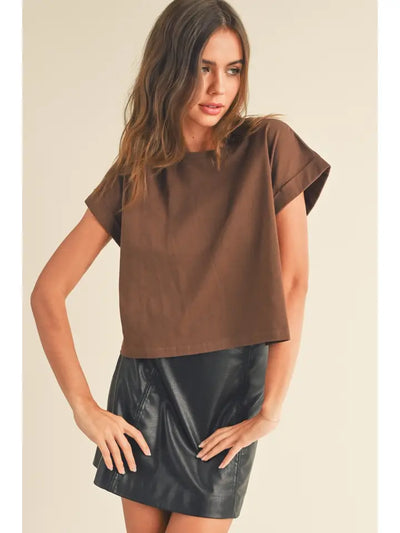Brown Round Neck Cuffed Sleeve Top