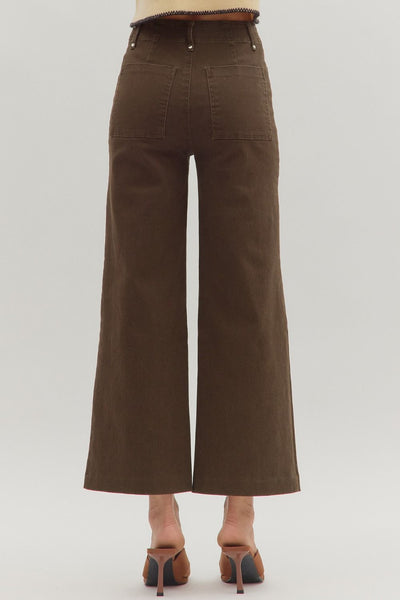 Brown High Rise Wide Leg Pant with Front Seam Detail
