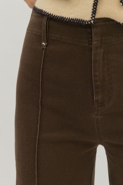 Brown High Rise Wide Leg Pant with Front Seam Detail