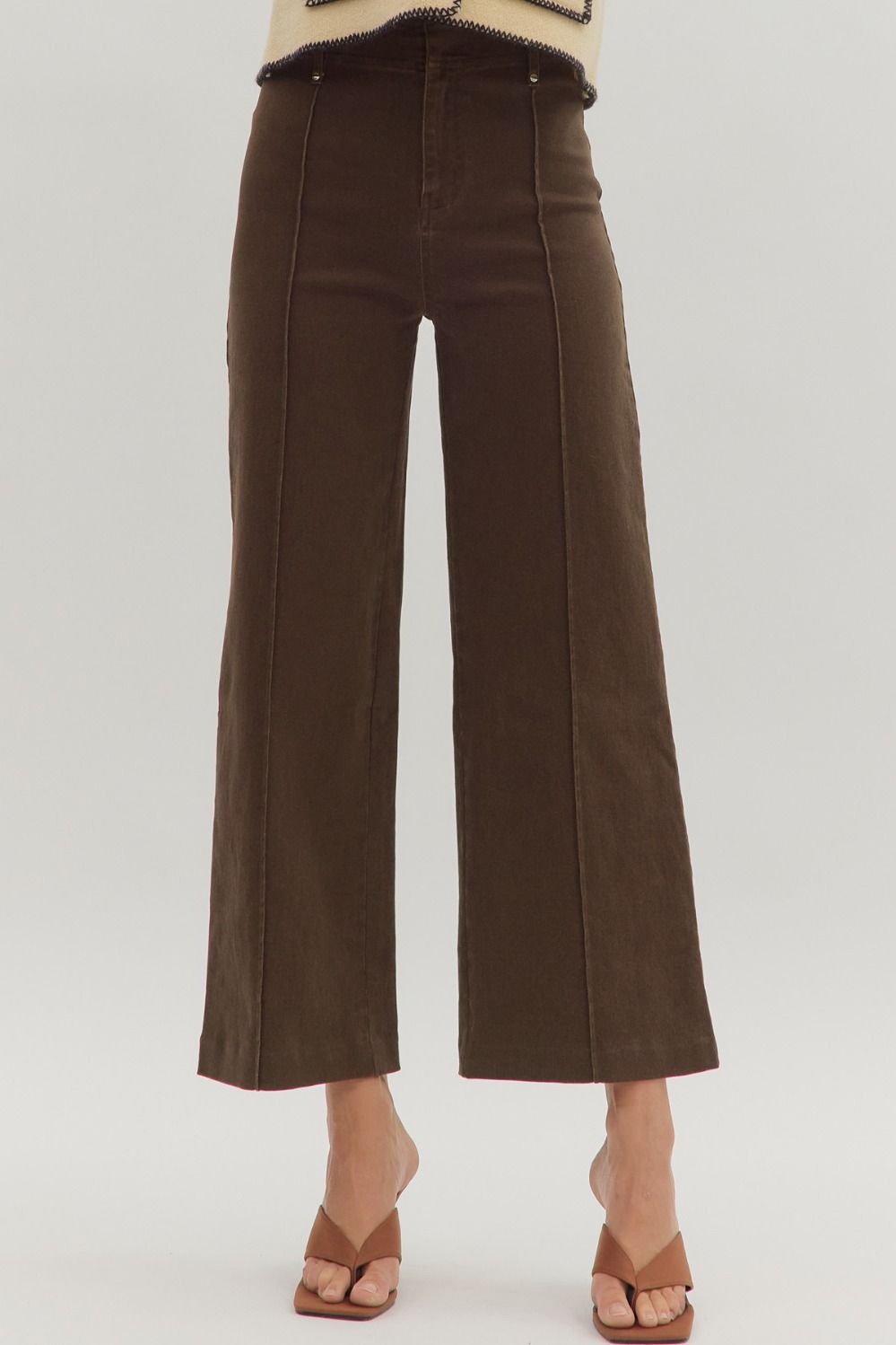 Brown High Rise Wide Leg Pant with Front Seam Detail