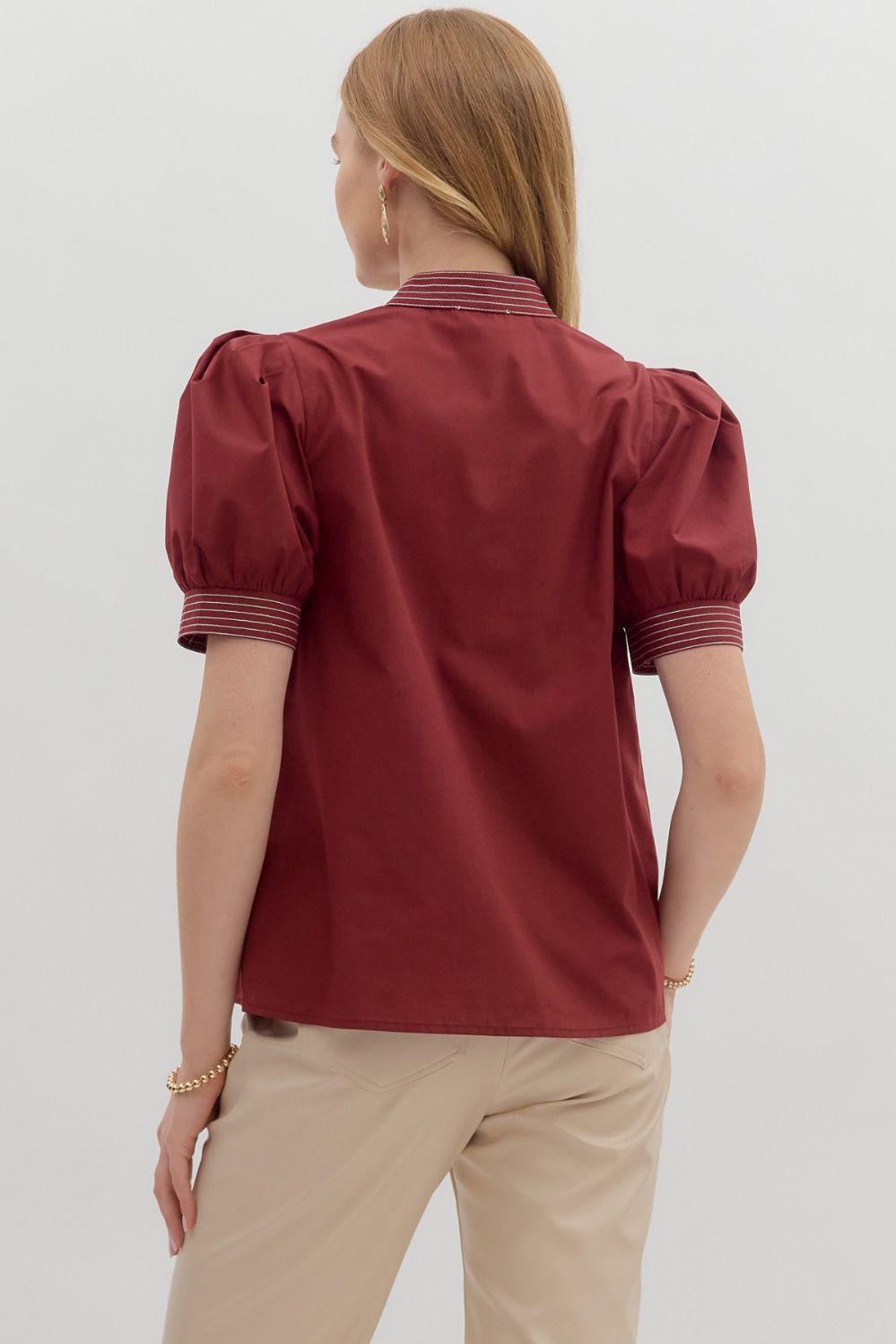 Burgundy V-Neck Top with Contrasting Stitch Detail