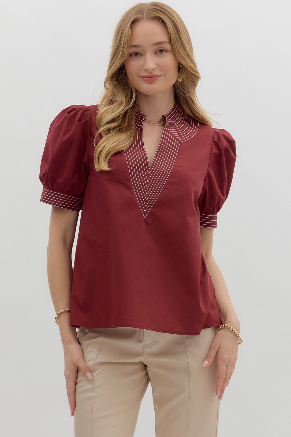 Burgundy V-Neck Top with Contrasting Stitch Detail