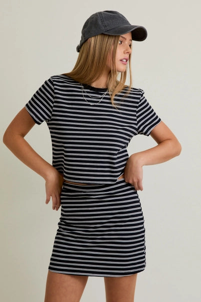Black and White Short Sleeve Round Neck Striped Baby Tee with Striped Skort