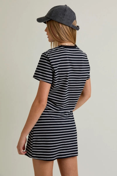 Black and White Short Sleeve Round Neck Striped Baby Tee with Striped Skort