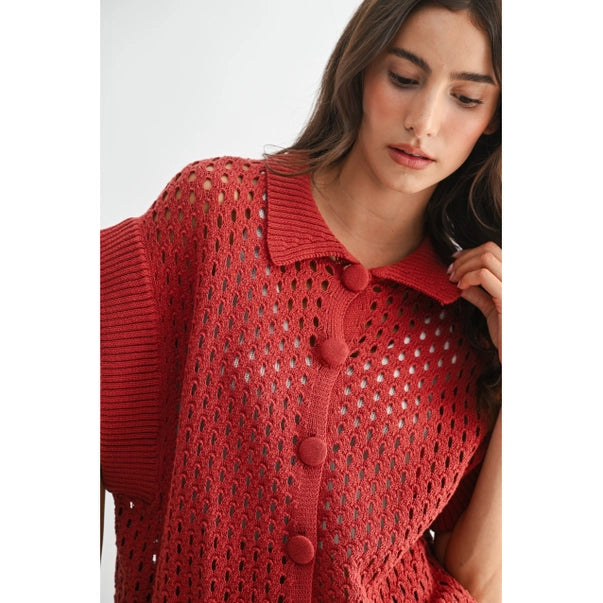 Open-Knit Button Front Cardigan Vest