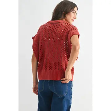 Open-Knit Button Front Cardigan Vest