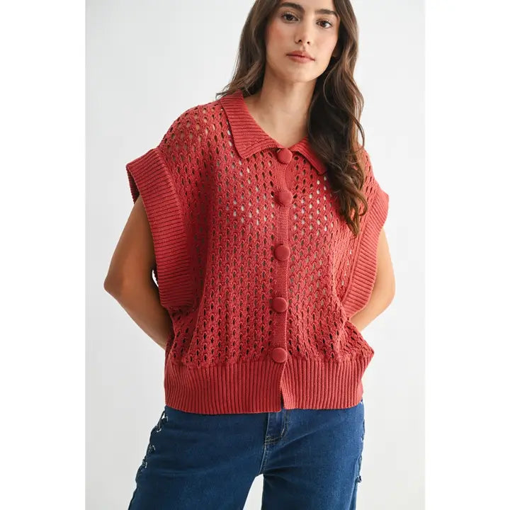 Open-Knit Button Front Cardigan Vest