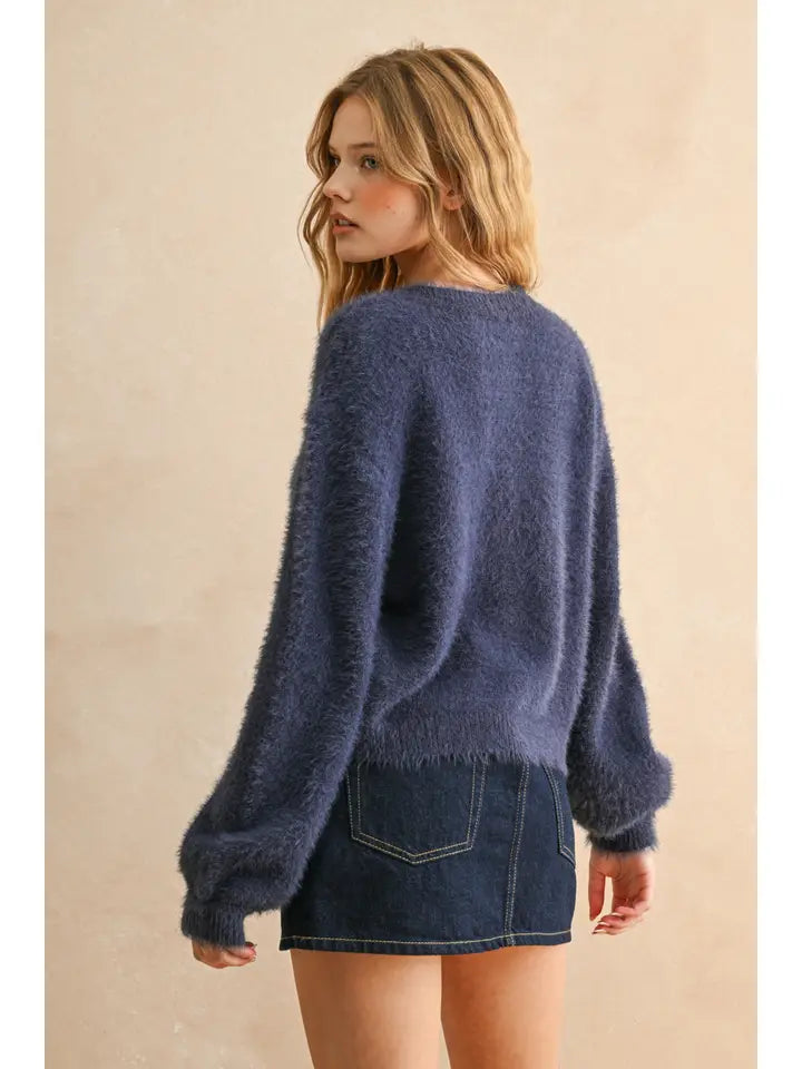 Cherry Button Front Soft Cardigan in Navy