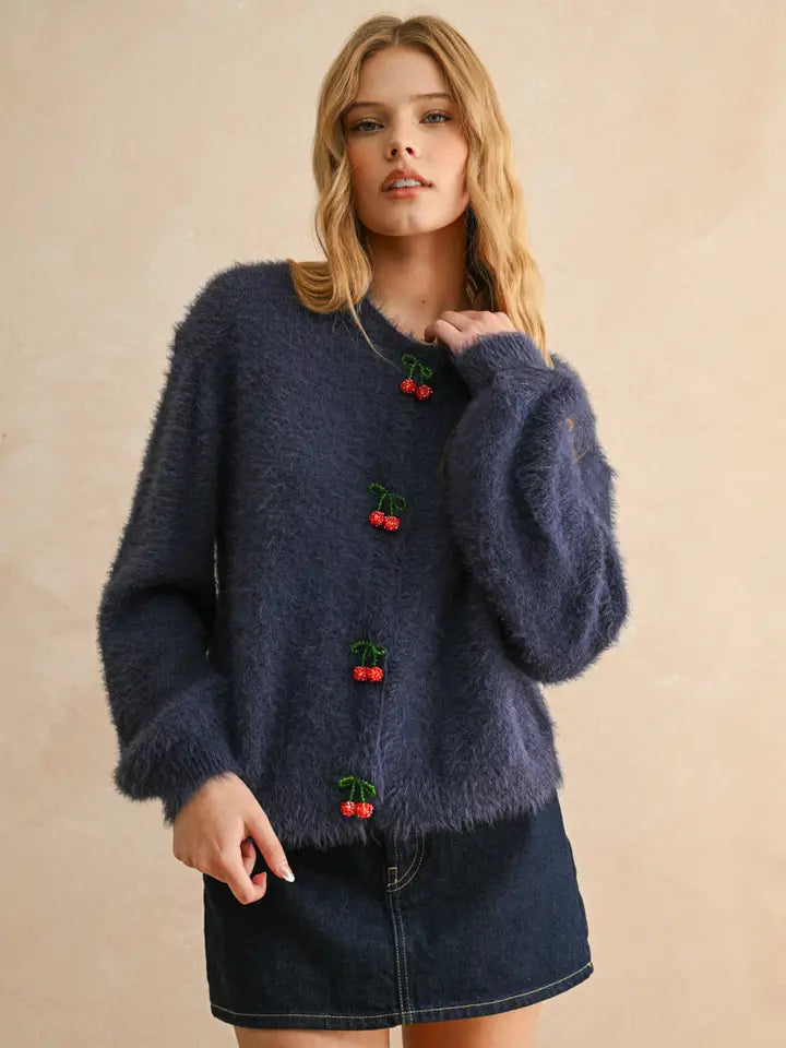Cherry Button Front Soft Cardigan in Navy