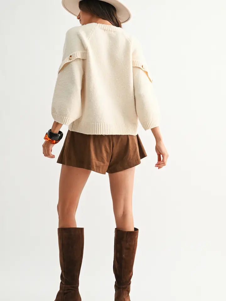 Cream Button Sleeve Knit Pullover Sweater