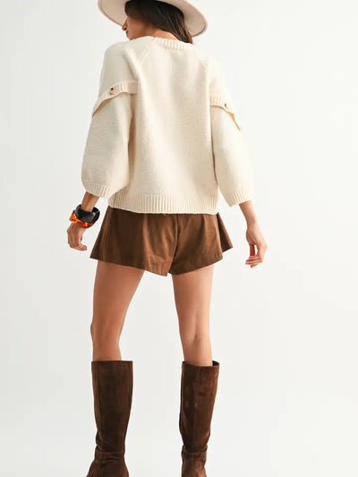 Cream Button Sleeve Knit Pullover Sweater