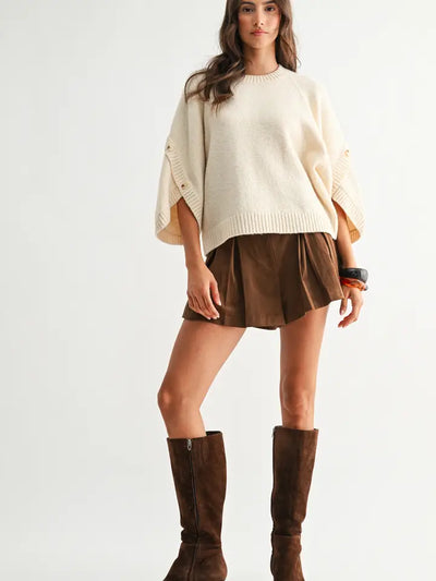 Cream Button Sleeve Knit Pullover Sweater