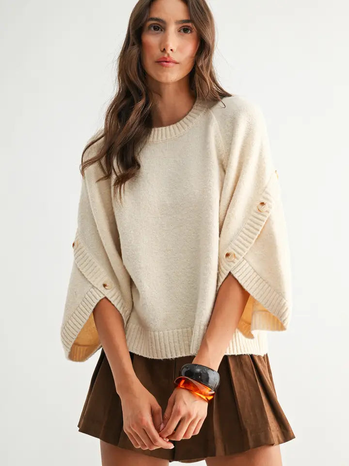 Cream Button Sleeve Knit Pullover Sweater