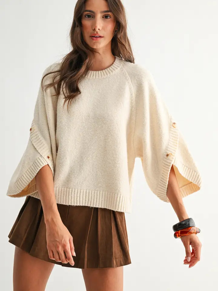 Cream Button Sleeve Knit Pullover Sweater