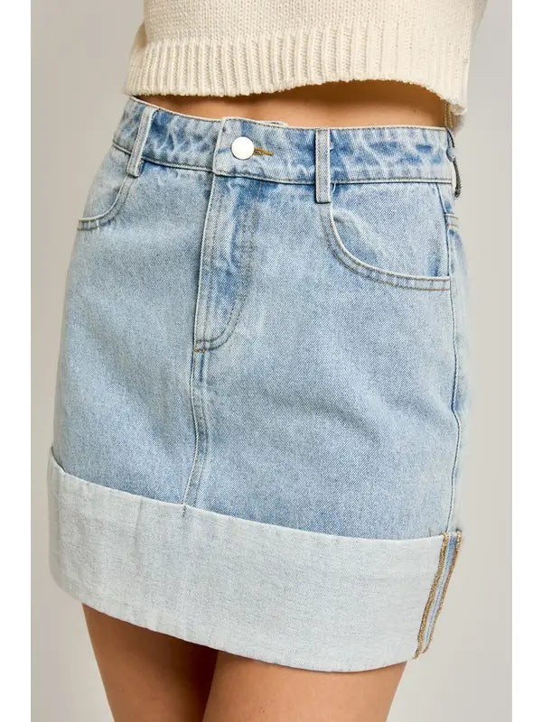 High Waisted Cuffed Denim Mini Skirt