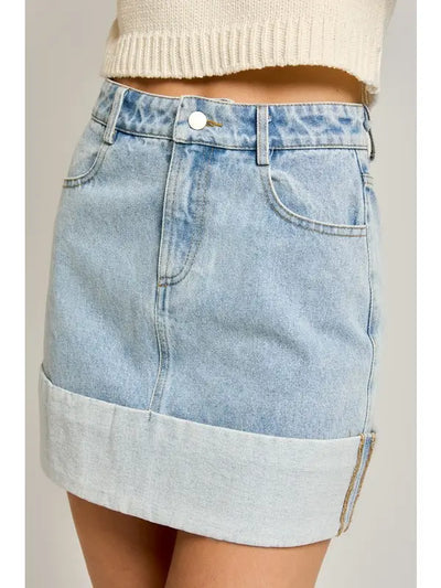 High Waisted Cuffed Denim Mini Skirt