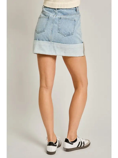 High Waisted Cuffed Denim Mini Skirt