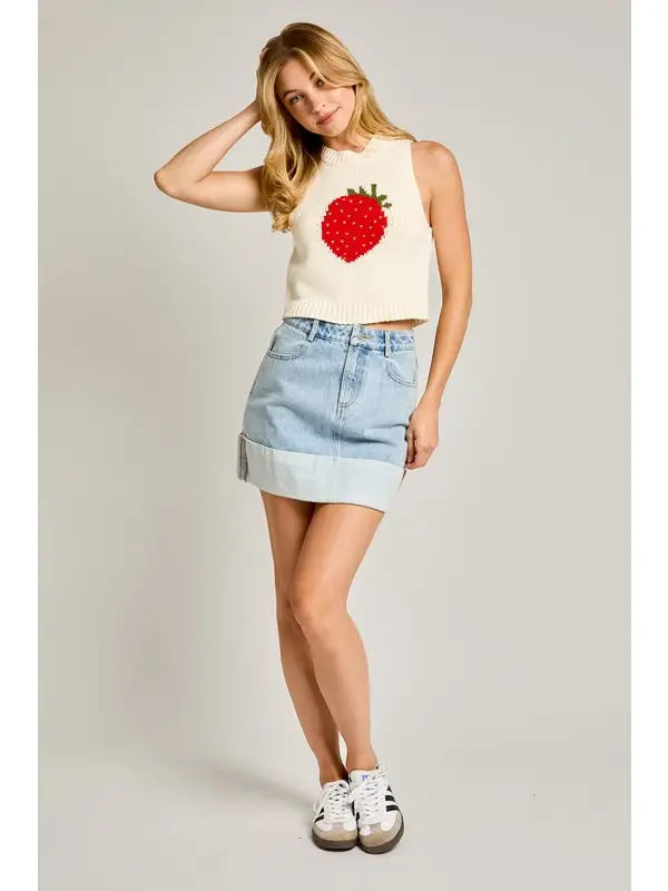 High Waisted Cuffed Denim Mini Skirt
