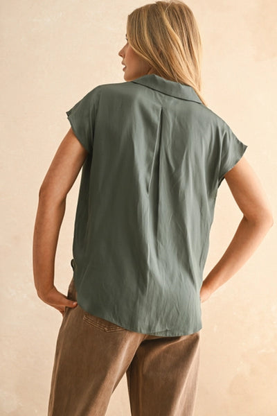 Button Down Cap Sleeve Shirt Deep Green