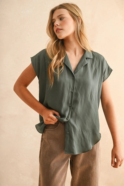 Button Down Cap Sleeve Shirt Deep Green