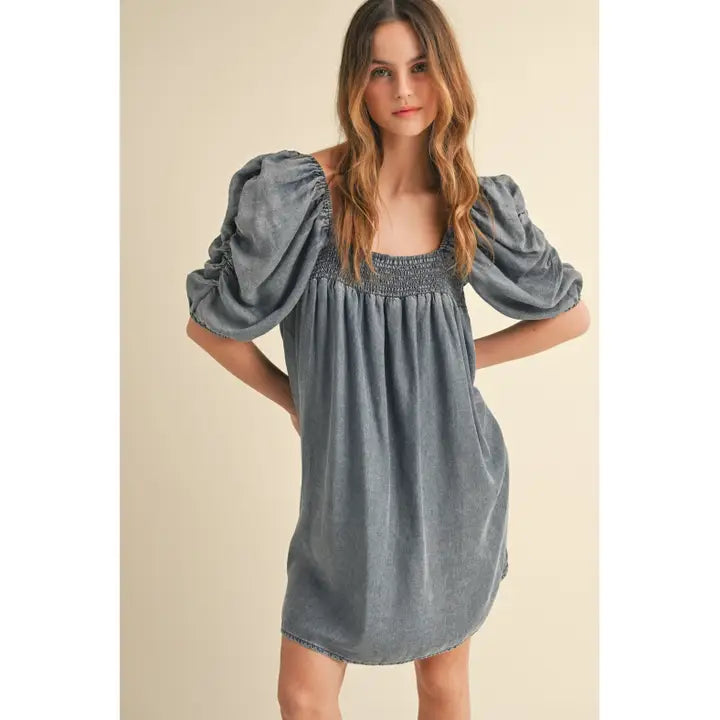 Puffed Sleeve Denim Dress Medium Wash