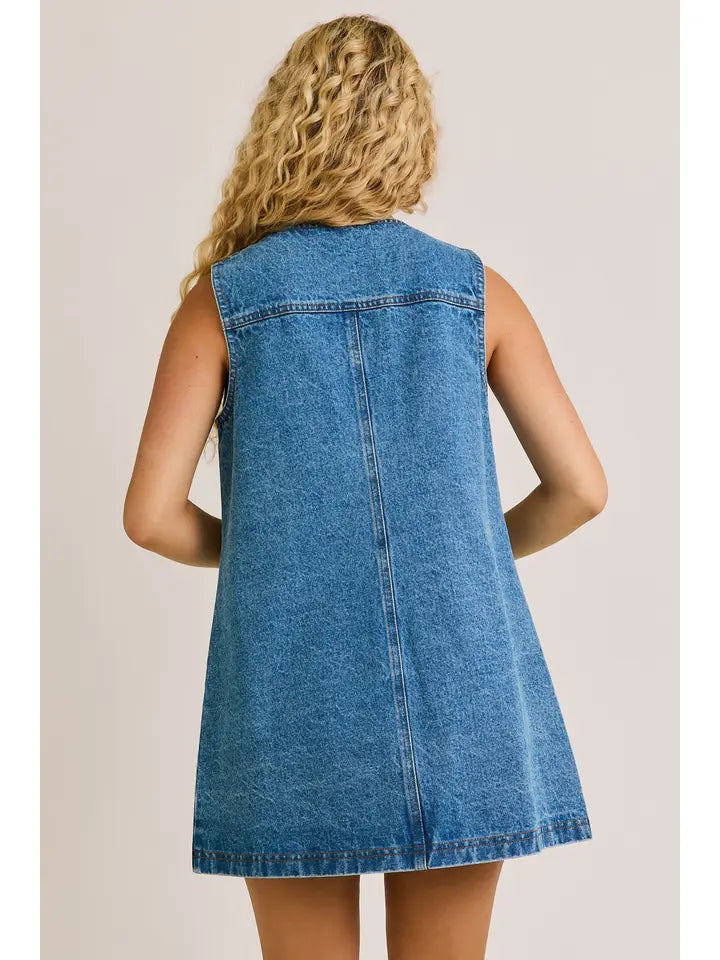 Sleeveless Round Neck Button Down Denim Mini Dress