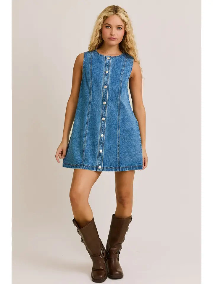 Sleeveless Round Neck Button Down Denim Mini Dress