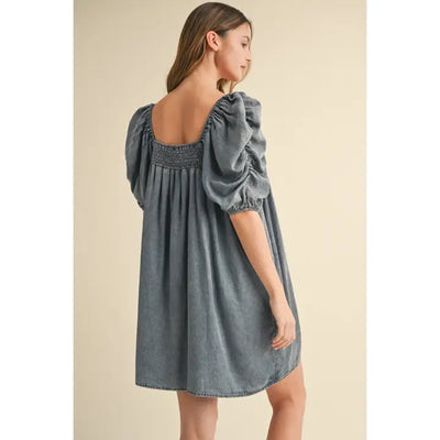 Puffed Sleeve Denim Dress Medium Wash