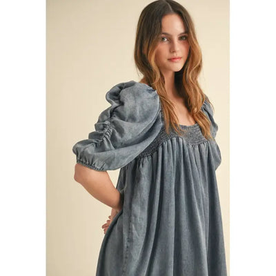 Puffed Sleeve Denim Dress Medium Wash