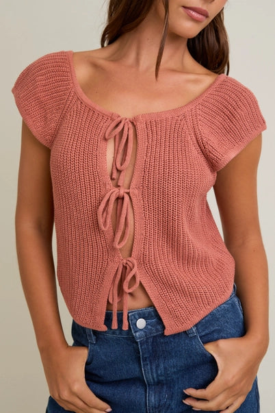 Le Lis Front Tie Sleeveless Sweater  in Dusty Peach